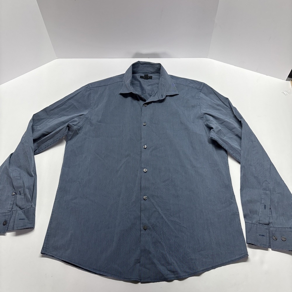 ALFANI Navy Striped Mens Pocket Short Sleeve Stretch Button Down Shirt‎ SZ M
